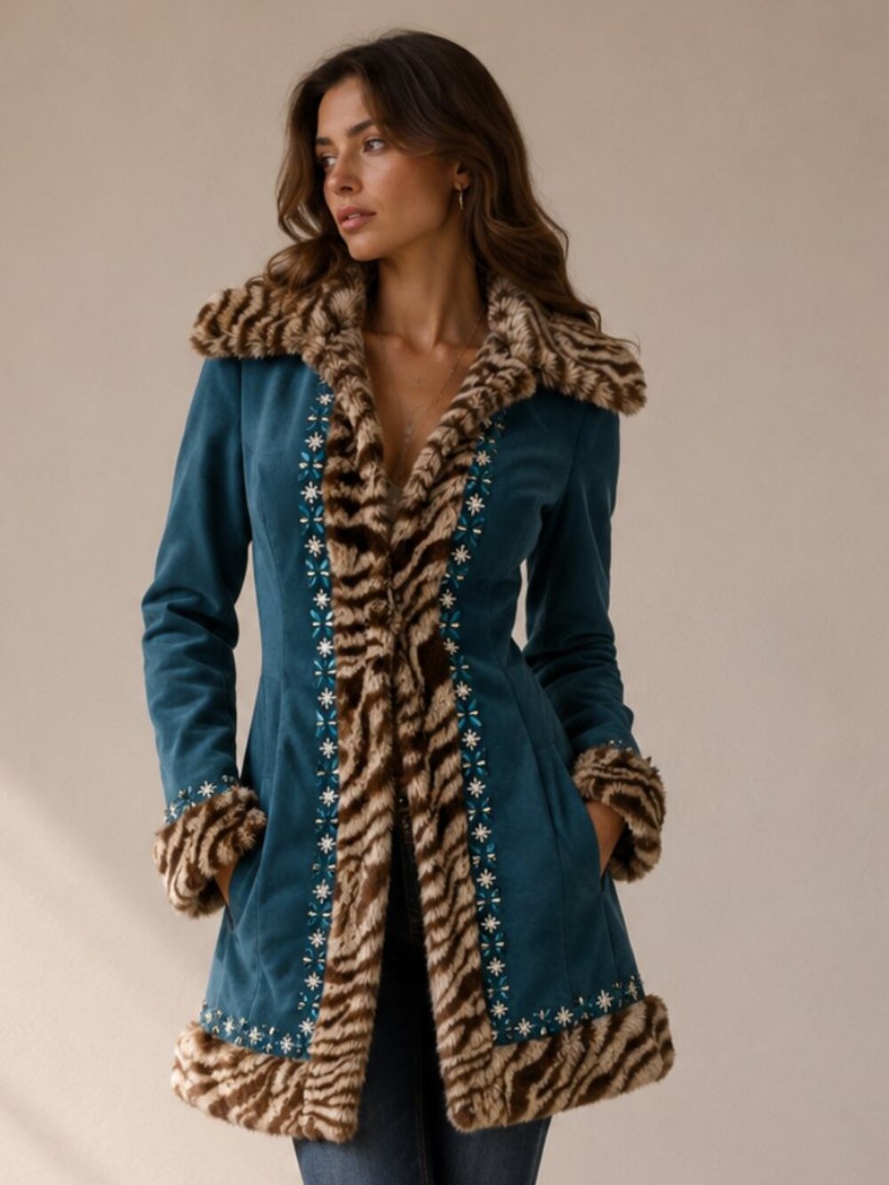 Vintage Margaret Godfrey Y2k Suede Faux Fur Jeweled Penny lane Coat Size Small